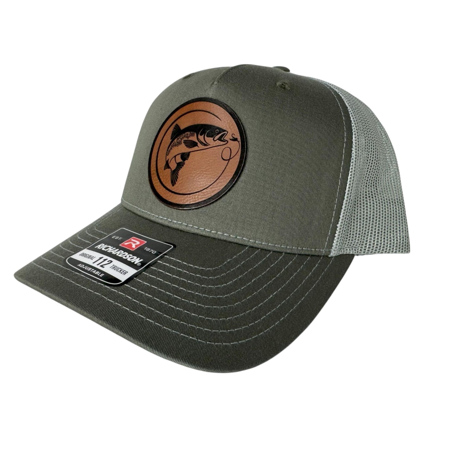 Fly Fishing Richardson 112FP Hat – Beetle/Quarry Color with Premium Leatherette Patch – Custom Outdoor Trucker Cap for Anglers