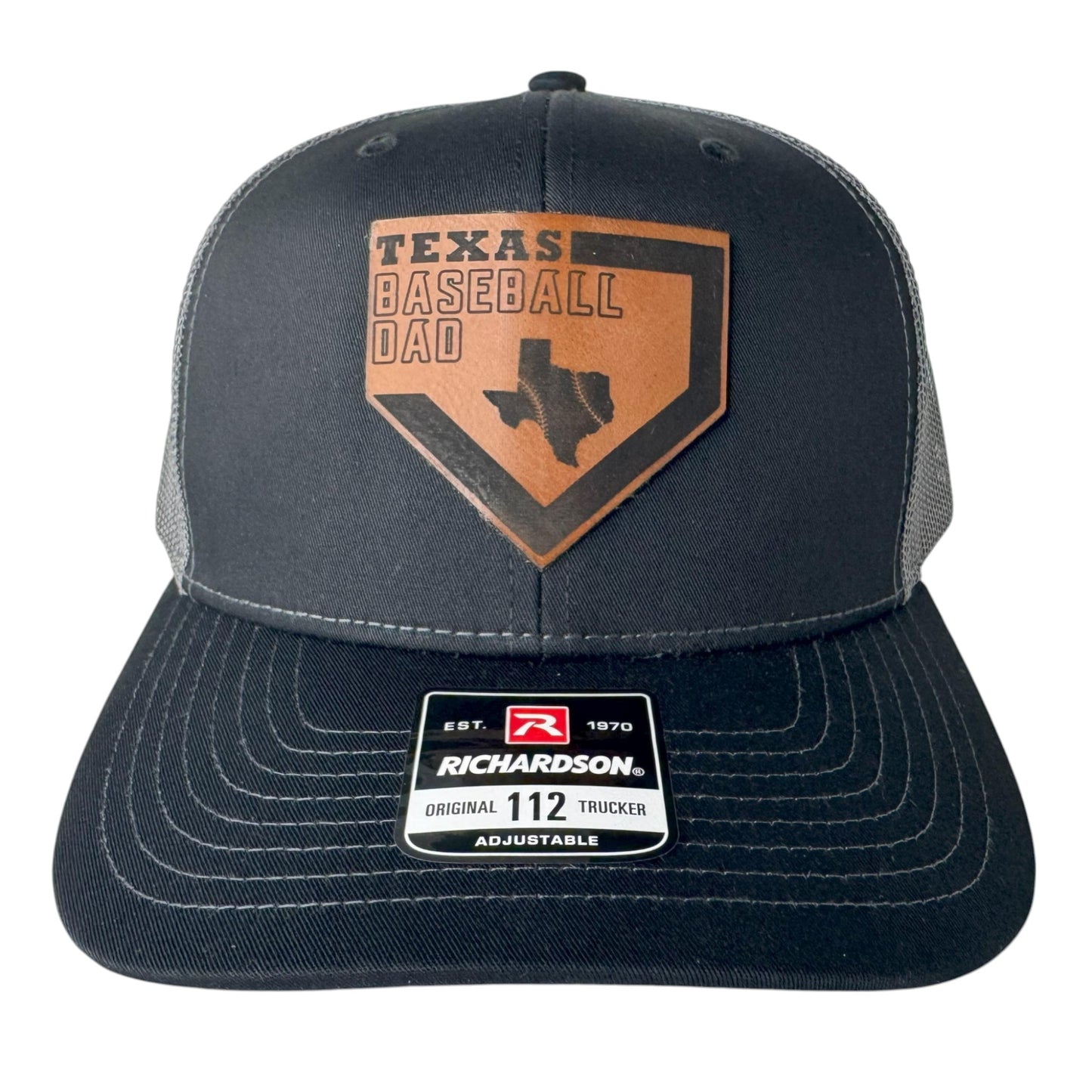 Texas Baseball Dad Richardson 112 Hat – Black/Charcoal with Premium Leatherette Patch – Perfect Gift for Baseball Fans