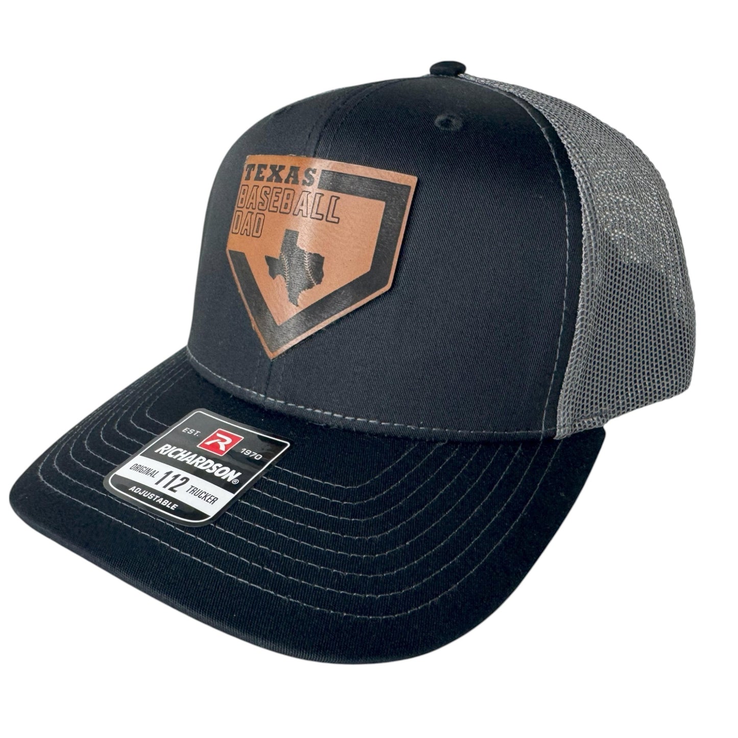 Texas Baseball Dad Richardson 112 Hat – Black/Charcoal with Premium Leatherette Patch – Perfect Gift for Baseball Fans